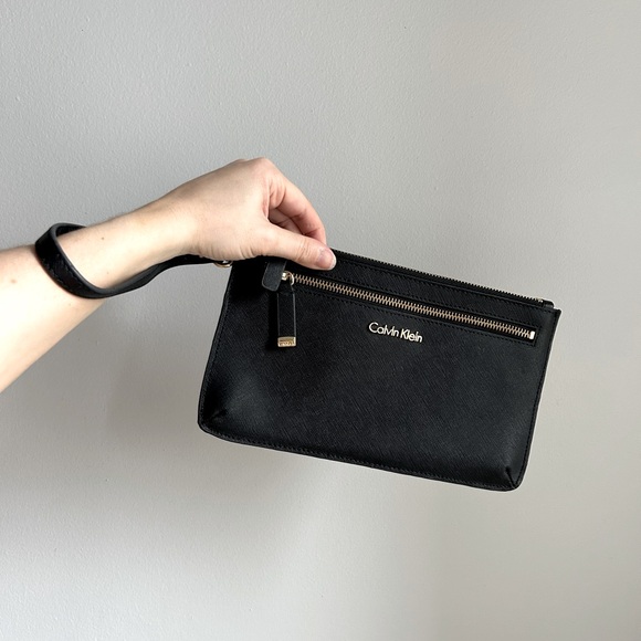 Calvin Klein black Leather wristlet purse gold accent with zips - Picture 1 of 2